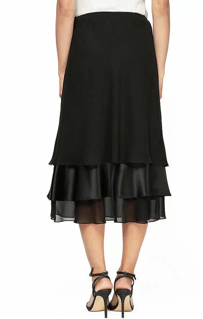 Sale Alex Evenings Tea-Length Satin Chiffon Triple Tier Hem Skirt Black