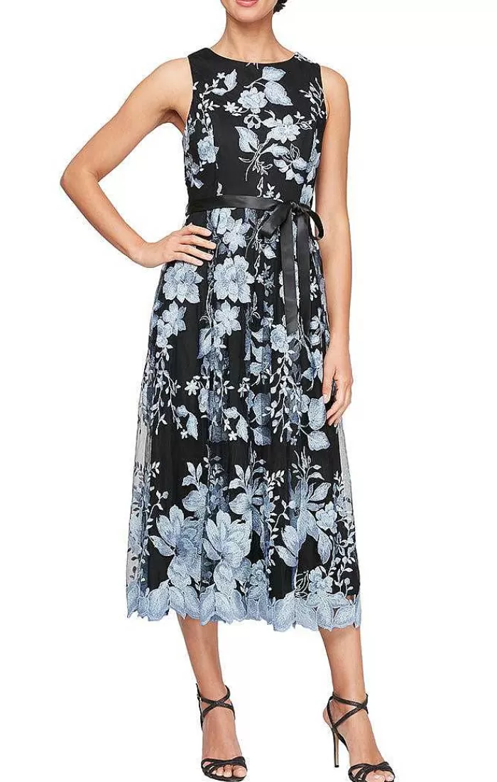 Discount Alex Evenings Tea-Length Sleeveless Embroidered Dress With Full Skirt & Tie Belt Blk/Rose | Blk/Hydran | Blk/Cha