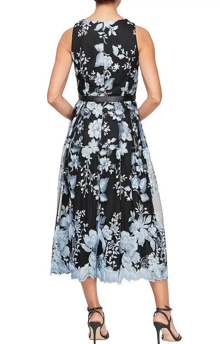 Fashion Alex Evenings Tea-Length Sleeveless Embroidered Dress With Full Skirt & Tie Belt Blk/Rose | Blk/Hydran | Blk/Cha