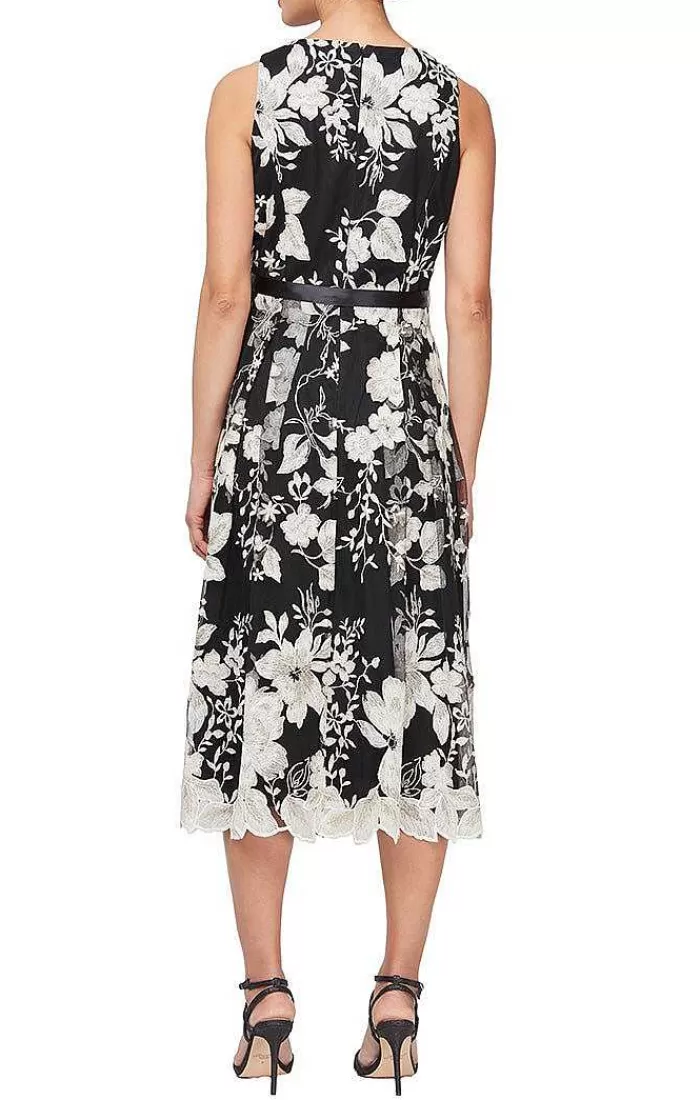 Online Alex Evenings Tea-Length Sleeveless Embroidered Dress With Full Skirt & Tie Belt Blk/Rose | Blk/Hydran | Blk/Cha