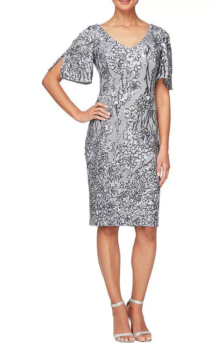 Outlet Alex Evenings V-Neck Sequin Cocktail Dress With Cold Shoulder Flutter Sleeves Silver