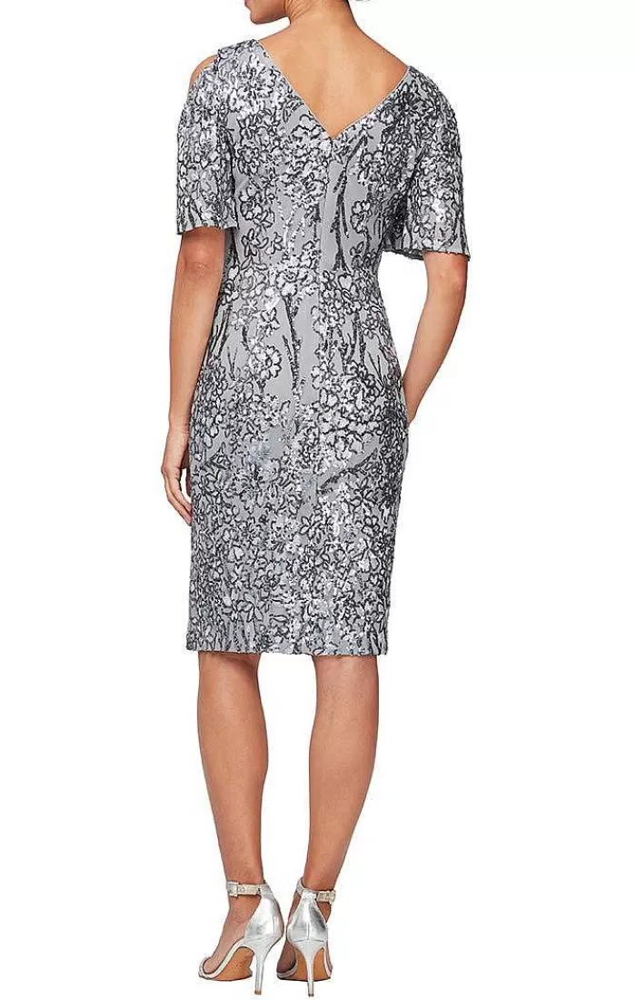 Outlet Alex Evenings V-Neck Sequin Cocktail Dress With Cold Shoulder Flutter Sleeves Silver