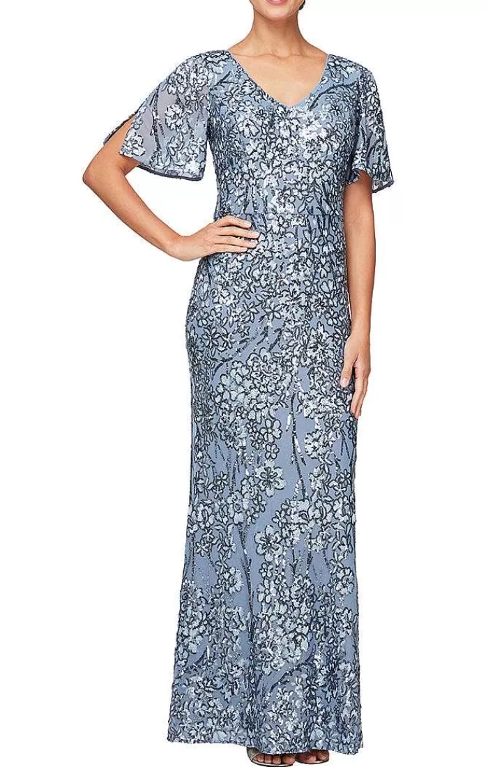 New Alex Evenings V-Neck Sequin Dress With Cold Shoulder Flutter Sleeve Navy Nude | Silver | Mink | Plum