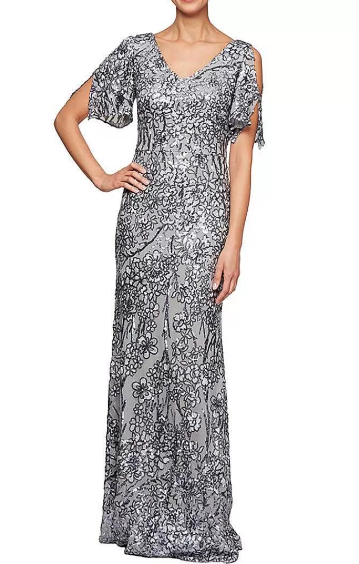 Sale Alex Evenings V-Neck Sequin Dress With Cold Shoulder Flutter Sleeve Navy Nude | Silver | Mink | Plum