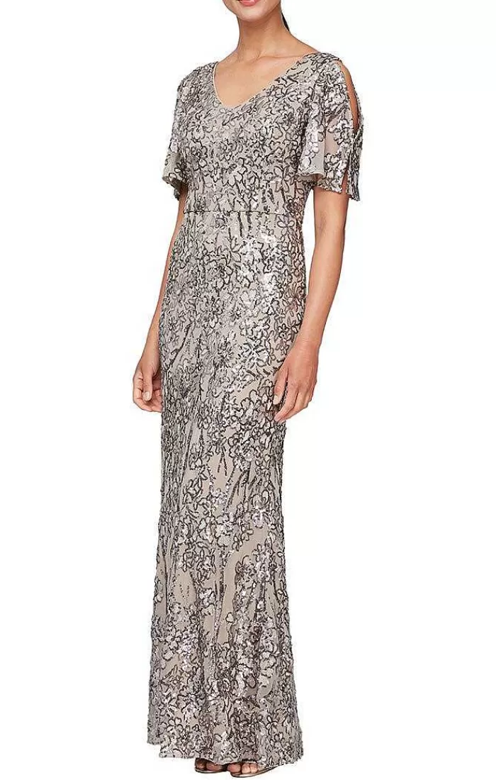 Store Alex Evenings V-Neck Sequin Dress With Cold Shoulder Flutter Sleeve Navy Nude | Silver | Mink | Plum