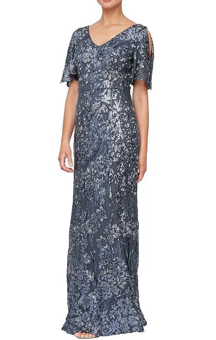 New Alex Evenings V-Neck Sequin Dress With Cold Shoulder Flutter Sleeve Navy Nude | Silver | Mink | Plum